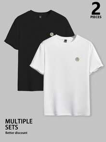 Manfinity Homme 2 chiếc áo thun nam cổ tròn in chữ tay ngắn dáng ôm thoải mái - trắng - Xem 3