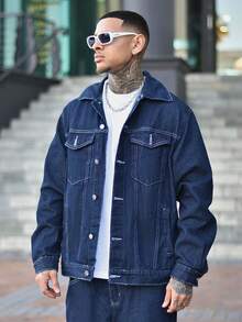 Devon Thys Men's Fashionable Casual Street Style Denim Jacket, Versatile Young Streetwear College Jacket, Fall - Dark Wash - View 2