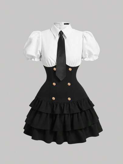 SHEIN MOD 复古甜心领连衣裙，黑白学院风，系带荷叶边下摆，适合开学第一天、返校日穿着，迷你裙/校服裙。