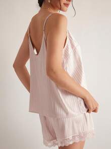 Freevana Plus Size Casual Versatile Striped Lace Patchwork Camisole Top Valentine's Day - Apricot - View 2