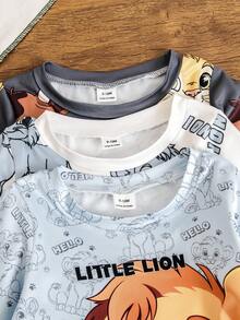 SHEIN 3件套男童卡通狮子印花长袖套装，活力风格儿童休闲服，适合所有季节 - 藍色 - 查看 5