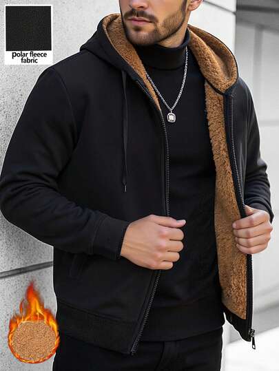 Manfinity Homme 男士休闲日常通勤简约纯色拉链抽绳连帽羊毛夹克，秋冬