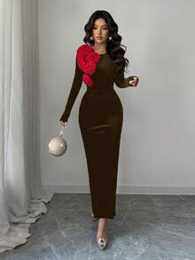 Rafferiza Women's Autumn/Winter Round Neck 3D Floral Velvet Bodycon Waist Cinching Long Dress, Elegant Party & Christmas Evening Gown Long Brown Dress Chocolate Brown Dress Brown Velvet Dress Long Sleeve Brown Dress - Brown - View 5