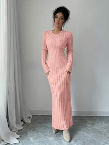 Rafferiza Women's Solid Color Round Neck Long Sleeve Fitted Ribbed Maxi Sweater Dress, Autumn/Winter - Dusty Pink - View 7