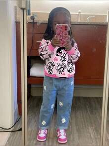 THE POWERPUFF GIRLS X SHEIN Young Girl Cute Cartoon Pattern Round Neck Drop Shoulder Long Sleeve Casual Knit Pullover Sweatshirt, Pink Cartoon Print Sweatshirt - Multicolor - View 2