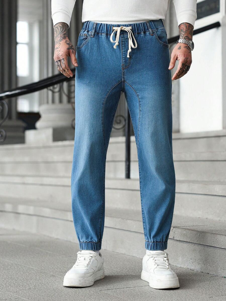 Manfinity Homme Men's Drawstring Waist Pockets Straight Loose Casual Versatile Jeans - Blue - View 1