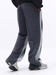 SUMWON Pantalones de chándal holgados con paneles laterales de corte y costura en tono blanco, detalle de ribete, cintura con cordón, pantalones casuales de estar por casa lisos - Multicolor - Ver 2