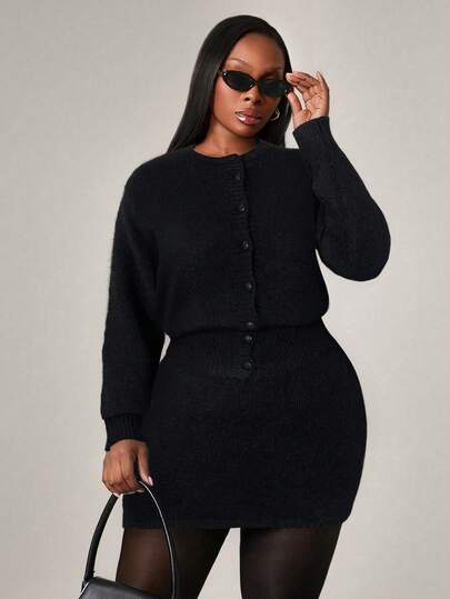 Radiana Plus Size Women's Fall & Winter,Spring&Summer Elegant Gorgeous Glamorous Sexy Basic Plush Yarn 2pcs/Set With Round Neck Fitted Cardigan And Matching Skirt Two Pieces Set,Suitable For High Street Style,Urban,Sexy Office Siren Coquettish,Cruise Attire,Commuting,Business,Retro,Spring To Summer,