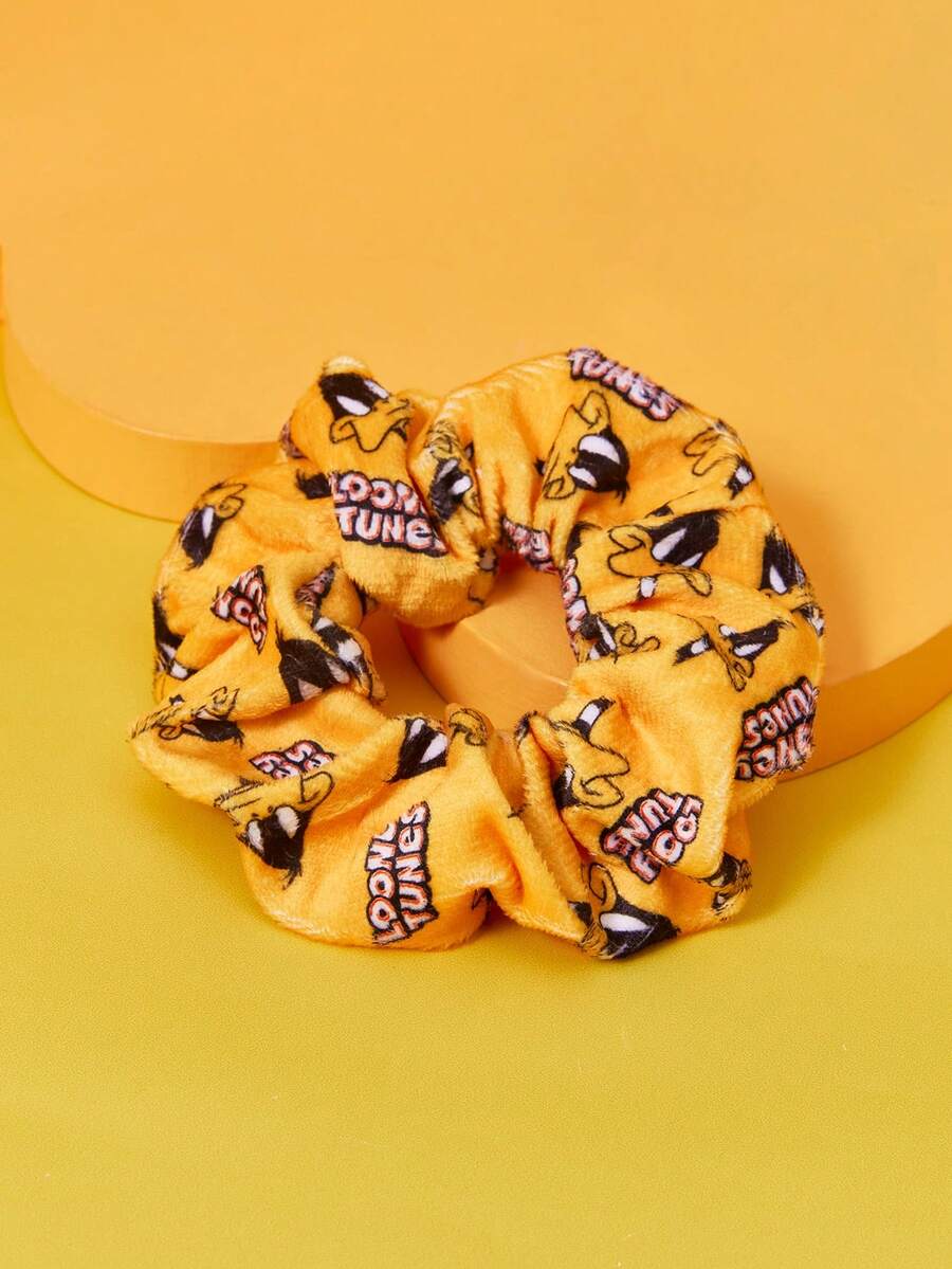 LOONEY TUNES X SHEIN Fashionable Cartoon Duck & Letter Pattern Hair Scrunchie - Yellow - View 1