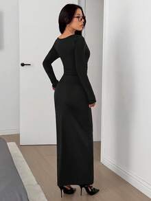 SHEIN EZwear Đầm midi dệt kim đen dài tay ren tương phản dành cho nữ - màu đen - Xem 9