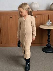 Dazy Kids V-ringad koftaklänning för flickor, höstkläder för unga flickor - Kaki - Visa 3