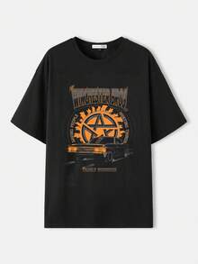 Supernatural X SHEIN 男士字母与汽车图案圆领短袖 T 恤 - 黑色 - 查看 5
