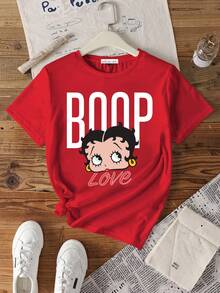Betty Boop x SHEIN Women Casual Loose Crew Neck Short Sleeve T-Shirt, Suitable For Summer Suitable For Going Out - Red - View 2