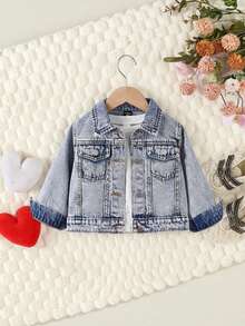 女婴牛仔外套，秋冬新品，浅蓝色牛仔布，复古风格，修身版型，舒适棉质牛仔面料，适合休闲外出、居家休闲、聚会等各种场合，2025秋季新品 - 淺色水洗藍 - 查看 1