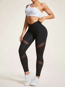 SHEIN Sports 大码女式运动瑜伽户外健身健身房交叉腰网眼拼接紧身裤 - 黑色 - 查看 4