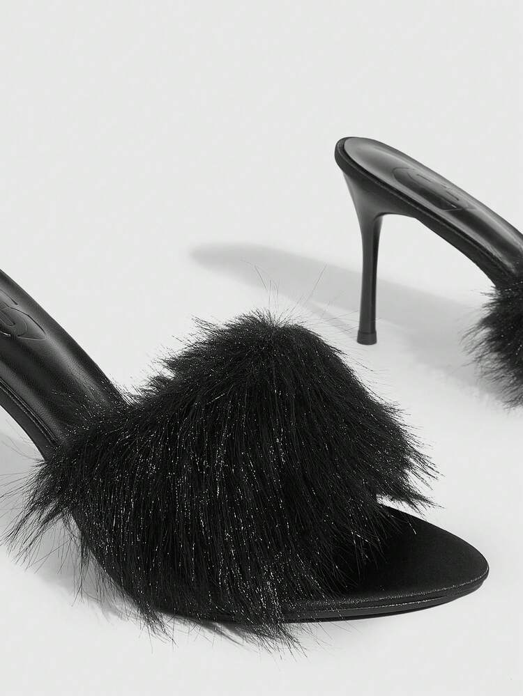 CUCCOO SZL Women's Pointed Toe Furry Patchwork Fashion Versatile High Heel Slide Sandals For Christmas