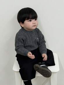 DAZY Toddler Boys' Crew Neck Cable Twist Cartoon Embroidery Solid Color Sweater - Dark Grey - View 2