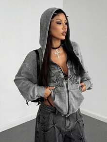 StreetHx Women's Y2K Style Gothic Retro Distressed Loose Hoodie Streetwear, Autumn/Winter - Grey - View 3