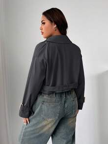 SHEIN EZwear Áo khoác trench coat cổ bẻ cổ điển cỡ lớn, màu xám đậm - Màu xám đen - Xem 2