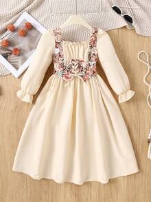 Leap Crew Nova Glow撞色拼接腰部褶皱胸部可调节肩带前褶皱长袖方领中长连衣裙，适合居家和户外活动，秋冬季节，波西米亚风格 - 杏色 - 查看 2