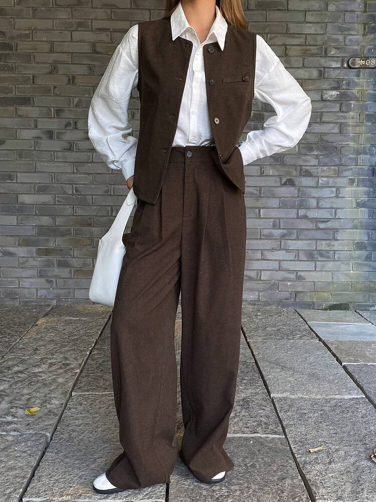 Women's Round Neck Belt Decor Cardigan And Straight Loose Fit Pants Two Pieces Casual Set