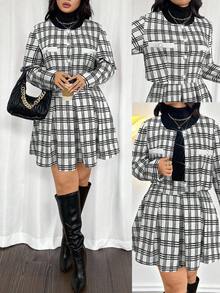 Firerie Plus Size Women's Elegant Commuter Workwear Sophisticated High-End Afternoon Tea Slightly Sexy Date Music Concert Collegiate Vintage Black & White Plaid Print Long Sleeve Jacket & Pleated Mini Skirt, Back To School Outfit Flannel Wednesday Addams In Fall/Winter