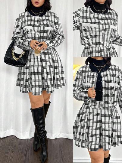 Firerie Plus Size Women's Elegant Commuter Workwear Sophisticated High-End Afternoon Tea Slightly Sexy Date Music Concert Collegiate Vintage Black & White Plaid Print Long Sleeve Jacket & Pleated Mini Skirt, Back To School Outfit Flannel Wednesday Addams In Fall/Winter