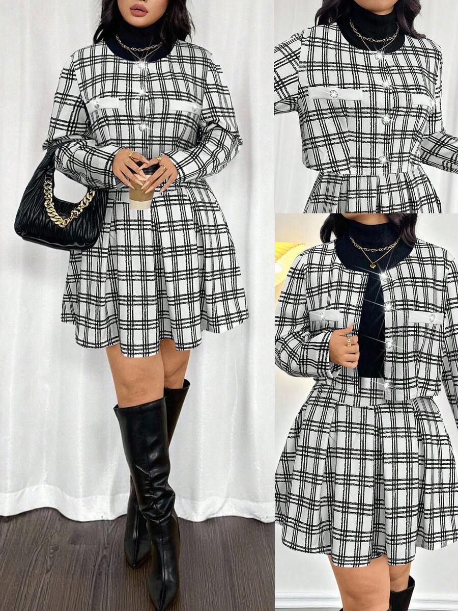 Firerie Plus Size Women's Elegant Commuter Workwear Sophisticated High-End Afternoon Tea Slightly Sexy Date Music Concert Collegiate Vintage Black & White Plaid Print Long Sleeve Jacket & Pleated Mini Skirt, Back To School Outfit Flannel Wednesday Addams In Fall/Winter