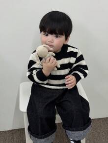 DAZY Áo len dệt kim cổ tròn kẻ sọc rộng rãi cho bé trai mới biết đi, mùa thu/đông - Đen và trắng - Xem 6