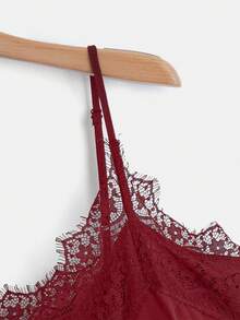 SHEIN Clasi 大码女式撞色蕾丝优雅吊带背心 - 酒紅色 - 查看 4