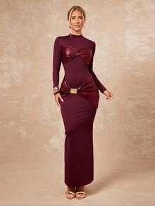 Lumalex Đầm ôm sát người cổ đứng bằng da giả, phối họa tiết xoắn và trang trí kim loại dành cho nữ. - Màu Đỏ Sâu - Xem 3