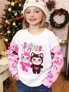 SHEIN 少女可爱动物图案针织休闲圆领卫衣 - 白色 - 查看 6