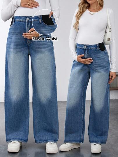 SHEIN Pantalones vaqueros de maternidad de color claro con estampado de bigotes de gato, azul, ideales para invierno, Navidad, Año Nuevo, Acción de Gracias, viajes, graduación, estilo chic y2k, fiesta, boda, elegante, casual de negocios. Pantalones vaqueros de maternidad sueltos y cómodos con lavado azul y panel elástico para la barriga en crecimiento, pierna ancha, para usar todo el día