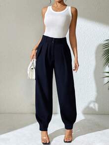 Xyvia 女士优雅高腰双纽扣装饰褶皱直筒裤，春秋季休闲西装裤 - 藏蓝色 - 查看 4