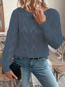 SHEIN LUNE Vacation Style Casual Hollow Floral Pattern Off-Shoulder Loose Pullover Sweater - Navy Blue - View 6