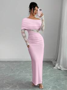 Rafferiza Women's Sexy & Elegant Asymmetric Neck Ruched Lace Patchwork Long Sleeve White Dress - Pink - View 5