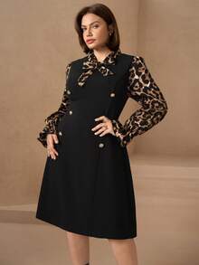 Chikora 大码豹纹拼接双排扣领带优雅长袖连衣裙 - 彩色 - 查看 4