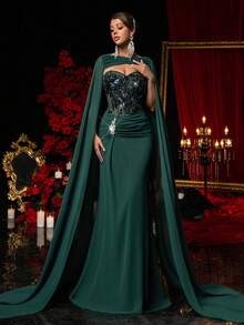 Glamrae Elegant Luxury Handmade Embroidered Sweetheart Collar Stand Collar, Heavily Embroidered With Rhinestones, Waist Pleats, Fishtail Hem Design Evening Gown, Business Formal Dress, Guest Dress, Evening Dress - Dark Green - View 5