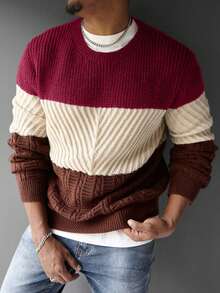 EURMUSE Men's Casual Contrast Color Round Neck Long Sleeve Sweater, Versatile For Autumn - MultiWarna - View 7