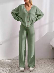 EURMUSE Drop Shoulder Cardigan & Tie Front Knit Pants - Mint Green - View 3