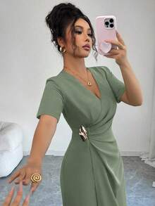 Elenzga Women's Elegant Solid Color Wrap Long Dress For Commuting - Olive Green - View 4