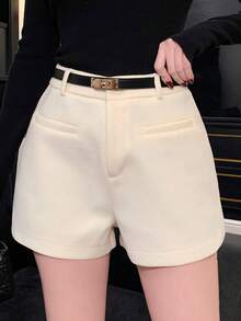 DAZY 女士加厚白色仿羊毛混纺商务休闲办公短裤，带口袋，直筒版型，秋冬季