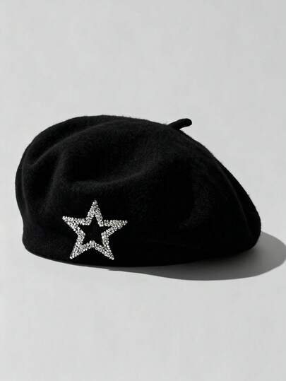 Grunge Punk 1 Basco semplice con decorazione a stella di diamanti, basco in camoscio per autunno e inverno, accessorio di moda personalizzato per uso quotidiano