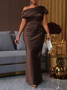 SHEIN Ladiora Women's Off-Shoulder Brown Satin Pleated Maxi Fitted Dress