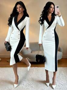 EMERY ROSE Đầm dài tay dáng midi nữ màu trắng đen phối khuy kim loại, thích hợp mặc hàng ngày đi làm, đi chơi hoặc hẹn hò. - Đen và trắng - Xem 4