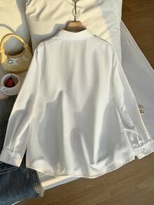 SHEIN EZwear 大码女式马术印花长袖单排扣白衬衫，春夏， - 白色 - 查看 2