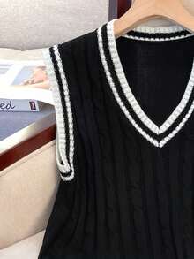 Manfinity Joysei Contrast Striped Trim V-Neck Cable Knit Casual Sweater Vest For Men, Fall Winter - Black - View 5