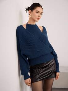 Modelyn 女士交叉领长袖时尚浆果色毛衣，秋冬季 - 寶藍色 - 查看 3