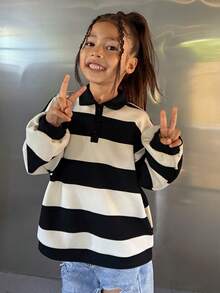 DAZY Young Girl' Striped Knit Collared Sweatshirt, Fall - Black and White - View 4