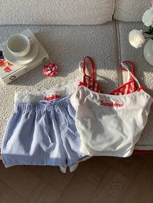 Comfortcana Women's Letter Print Camisole, Plaid Bra, And Striped Shorts Casual Outfit Set Gingham Set Summer Clothes Set - Multicolor - View 6
